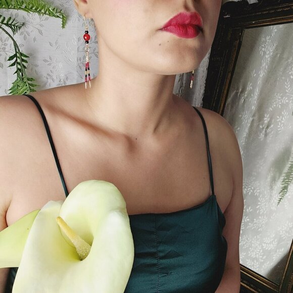 2/$27 | Red + Black Beaded Indigenous Native Fringe Earrings | Handmade - Picture 5 of 6